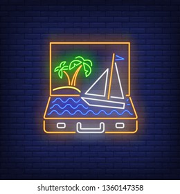 Palm trees and ship sailing in open suitcase neon sign. Tourism, vacation, travel design. Night bright neon sign, colorful billboard, light banner. Vector illustration in neon style.