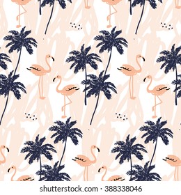 Palm trees silhouette and blush pink flamingo on the white background with strokes. Vector seamless pattern with tropical birds and plants.