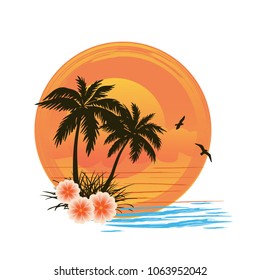palm trees silhouette flowers on orange sun background