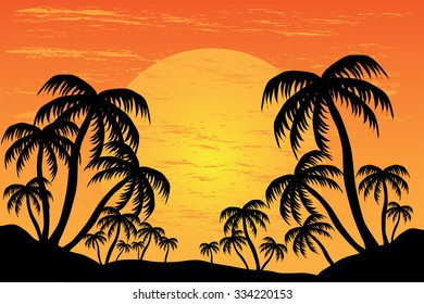 Palm trees silhouette on the background of a beautiful sunset, vector illustration