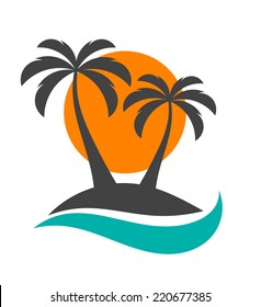 Palm trees silhouette on island. Vector illustration
