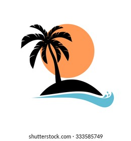 Palm trees silhouette on island. Vector