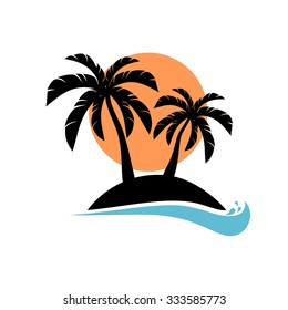 Palm trees silhouette on island. Vector