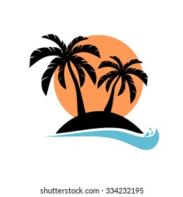 Palm trees silhouette on island. Vector