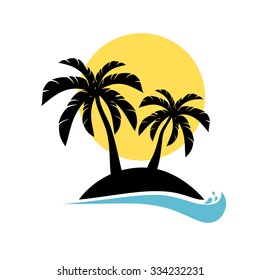 Palm trees silhouette on island. Vector