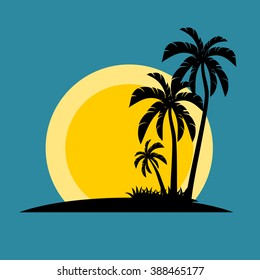 Palm trees silhouette on island. Vector