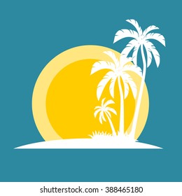 Palm trees silhouette on island. Vector