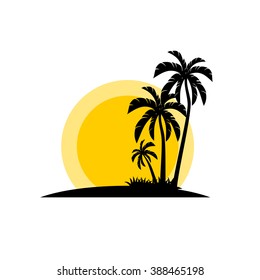 Palm trees silhouette on island. Vector