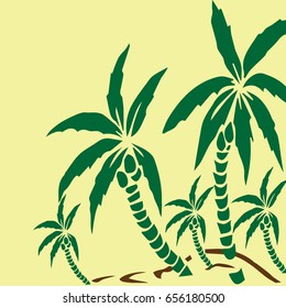 Palm trees silhouette on island. Vector illustration. Tropical exotic plant isolated on background. Modern hipster style apparel, poster, brochure design.