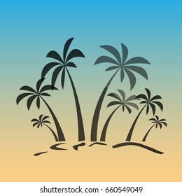 Palm trees silhouette on island. Vector illustration. Tropical exotic plant isolated on background. Modern hipster style apparel, poster, brochure design.
