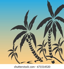 Palm trees silhouette on island. Vector illustration.Tropical exotic plant isolated on background. Modern hipster style apparel, poster, brochure design.