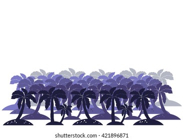 Palm trees silhouette on islands isolated on a white background. Vector illustration. Abstract summer wallpaper. Tropics landscape poster, banner