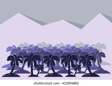 Palm trees silhouette on islands with pyramids. Vector illustration. Abstract summer wallpaper. Tropics landscape poster, banner