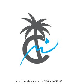 Palm trees silhouette on letter C. Vector illustration