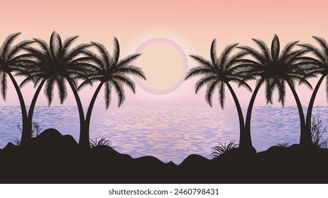 Palm trees silhouette on sea background in sun set