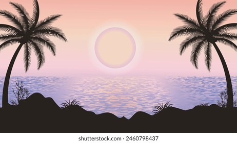 Palm trees silhouette on sea background in sun set