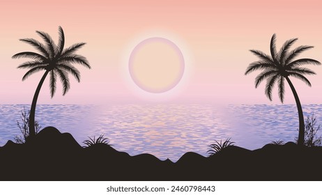 Palm trees silhouette on sea background in sun set