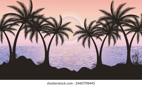 Palm trees silhouette on sea background in sun set