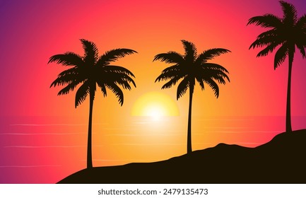 Palm trees silhouette on sea background in sun set