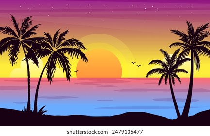 Palm trees silhouette on sea background in sun set
