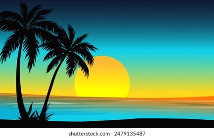 Palm trees silhouette on sea background in sun set