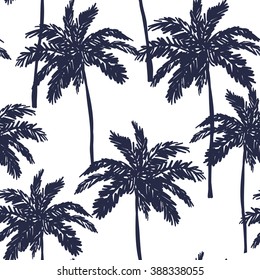 Palm trees silhouette on the white background. Vector seamless pattern with tropical plants.