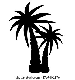 Palm trees. Silhouette. Pictogram. Vector illustration. Outline on an isolated white background. Coconut. Tropical tree. Flat style. Exotic plant with a powerful trunk and large leaves. Vacation mood.