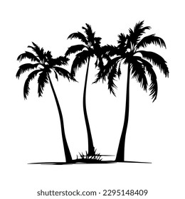 Silueta de palmeras. Dibujo retro, ilustración tropical en blanco y negro. Vector de fondo blanco aislado. El acondicionamiento, el logotipo y la decoración.