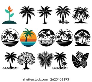 palm trees silhouette set. palm tree monochrome print, drawing tropics coconut tree island plant birds vector illustration