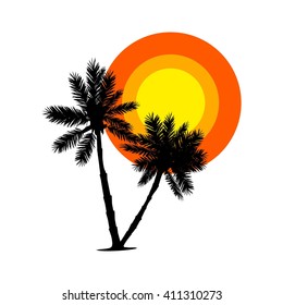 Palm trees silhouette and sun in flat style isolated on white background. Sunset at Island icon. Tropical palm vector illustration