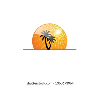 palm trees silhouette with sun rays summer background 