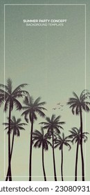 Palm trees silhouette with sunset sky background vertical vector illustration. Summer traveling and party at the beach concept vintage style with blank space.