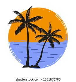Palm trees silhouette vector illustration. Summer vacation on tropical beach.