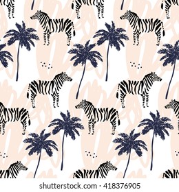 Palm trees silhouette and zebra on the white background with blush pink strokes. Vector seamless pattern with safari animals and tropical plants.