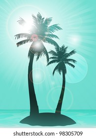 Palm trees silhouetted against a summer sky and sea with lens flares