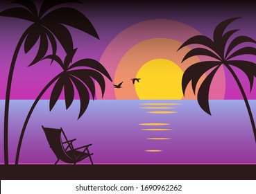Palm trees silhouettes background. Tropical nature in sunset. Nature background. Vintage red sunset background. Travel lifestyle background, vector illustration