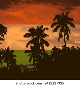 Siluetas de palmeras y bandera sobre fondo de grano.