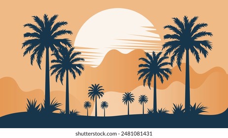 Palm trees silhouettes on sunset background. Vector illustration for your design