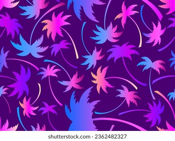 Siluetas de palmeras sin costura. Palmeras de colores degradados. Tiempo de verano, fondo de pantalla con patrón tropical. Diseño para imprimir camisetas, pancartas y artículos promocionales. Ilustración del vector