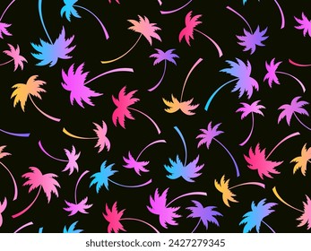 Las palmeras siluetas patrón sin fisuras. Palmeras de degradado de colores. Tiempo de verano, papel pintado con patrón tropical. Diseño para imprimir camisetas, banners y artículos promocionales. Ilustración de vector