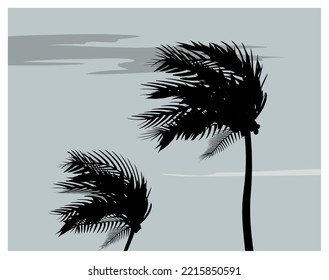 Palm trees silhouettes shaking by the wind on a stormy and cloudy gray day. Vector illustration.