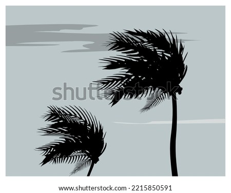 Palm trees silhouettes shaking by the wind on a stormy and cloudy gray day. Vector illustration.