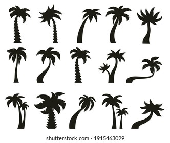 Palm trees silhouettes. Tropical botany, hawaiian coconut palm vintage silhouettes. Exotic green trees vector illustration set. Silhouette tree palm with leaf, beach plant