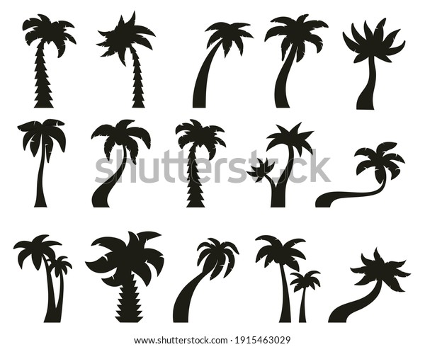 Palm trees silhouettes.\
Tropical botany, hawaiian coconut palm vintage silhouettes. Exotic\
green trees vector illustration set. Silhouette tree palm with\
leaf, beach plant