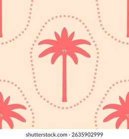 Palmeras siluetas Vector sin patrón ilustración. Diseño de plantas tropicales de impresión de bloque rosa sobre fondo de luz pastel para tela, Fondo de pantalla, impresión, decoración. Simple baldosa de repetición de playa de verano