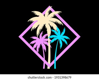 Palm trees in a square frame. Multicolored palm trees retro style of the 80s. Design for advertising brochures, banners, posters, travel agencies. Vector illustration