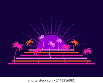 Palm trees in the style of line art in the style of the 80s. Tropical silhouettes of palm trees at sunset, purple and pink colors. Design for banners and posters. Vector illustration