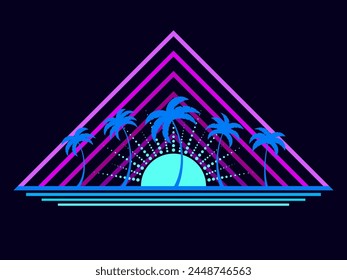 Palm trees in the style of line art in the style of the 80s. Tropical silhouettes of palm trees at sunset, purple and blue colors. Design for banners and posters. Vector illustration
