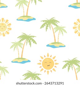 Palm trees, sun, beach, beach umbrella. Vector seamless pattern on the theme of summer, seaside vacation, travel. Cute vector illustration
