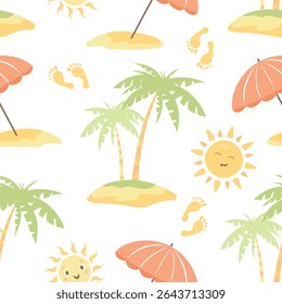 Palm trees, sun, beach, beach umbrella. Vector seamless pattern on the theme of summer, seaside vacation, travel. Cute vector illustration